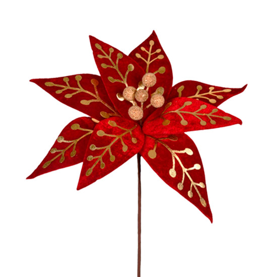 Imagem HASTE DECORATIVA DE POINSÉTIA VERMELHA E DOURADO DE TECIDO E METAL 31X28X28CM - GRILLO
