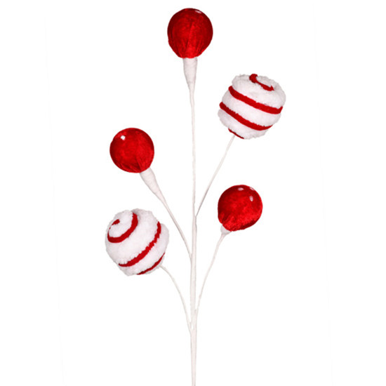 Imagem HASTE DECORATIVA DE 5 POMPONS CANDY VERMELHO E BRANCO 66X6CM - GRILLO