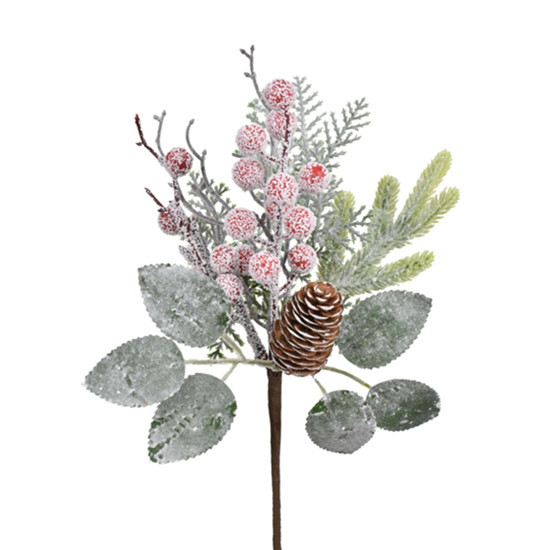 Imagem HASTE DECORATIVA DE BERRIES VERMELHASE FOLHAGEM VERDE COM PINHA EM PLÁSTICO - GRILLO