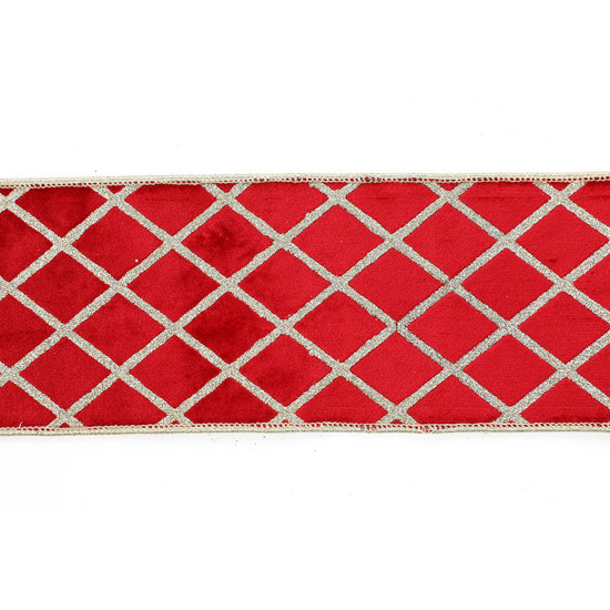 Imagem FITA ARAMADA VERMELHA AVELUDADA COM LISTRAS PRATEADAS COM GLITTER - CROMUS