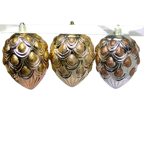 Imagem PINHAS DECORATIVAS DE PLÁSTICO METALIZADO COM GLITTER 10X7CM 3 UNIDADES - CROSS