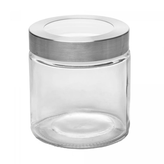 Imagem POTE DE VIDRO 880ML COM TAMPA PRATA COM VISOR ACRILÍCO 13X11X11CM - LYOR