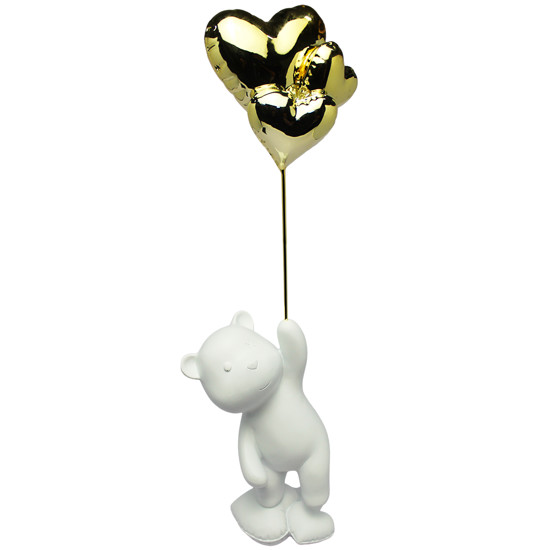 Imagem URSO BRANCO DECORATIVO DE RESINA COM BALÕES DOURADOS 48X10X8CM - LUCATTI