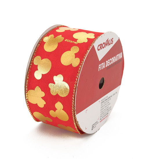 Imagem FITA ARAMADA DECORATIVA VERMELHA E DOURADA DE POLIÉSTER 10CM X 4,57M - CROMUS