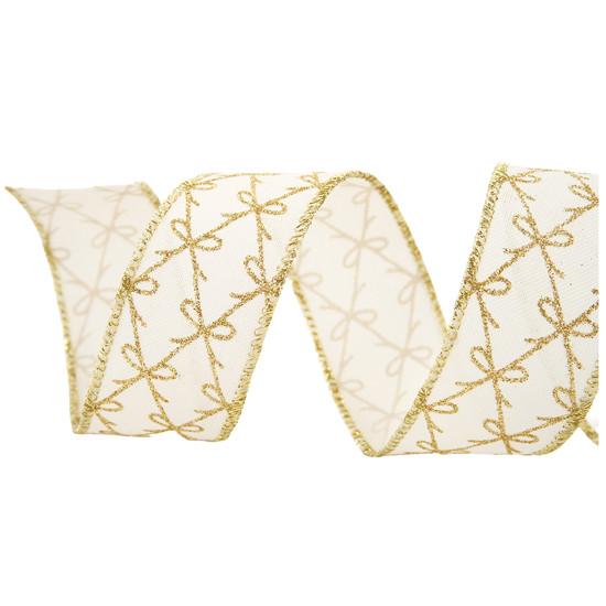 Imagem FITA ARAMADA DECORATIVA BRANCA COM LAÇOS DOURADOS COM GLITTER - CROMUS