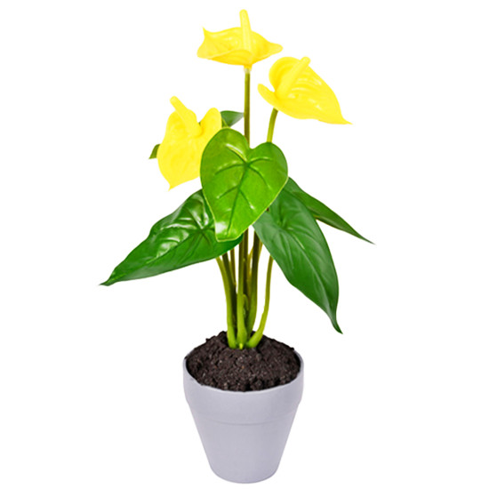 Imagem ARRANJO DECORATIVO DE ANTÚRIO AMARELO DE PLÁSTICO COM FOLHAS VERDES NO POTE - GRILLO
