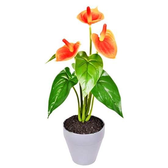 Imagem ARRANJO DECORATIVO DE ANTÚRIO LARANJA DE PLÁSTICO COM FOLHAS VERDES NO POTE - GRILLO