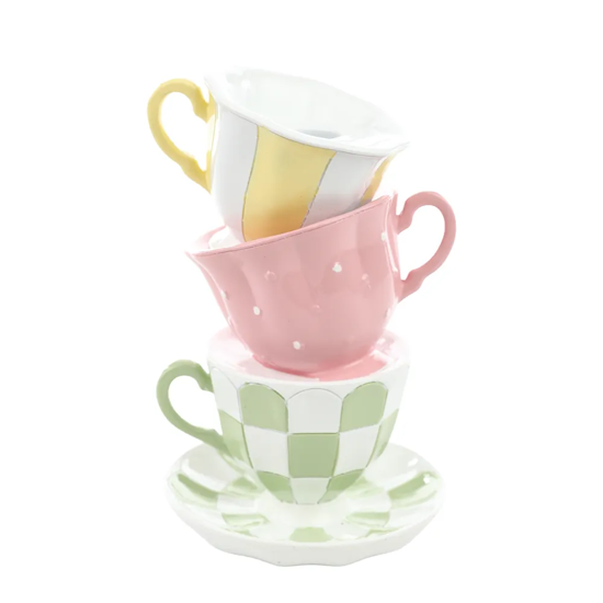 Imagem TORRE DE XÍCARAS COLORIDAS PORTA VELAS DE RESINA 16X10X10CM - CROMUS