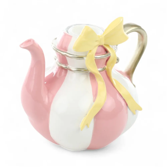 Imagem BULE PORTA VELAS ROSA E BRANCO LISTRADO DE RESINA 11X10X12CM - CROMUS