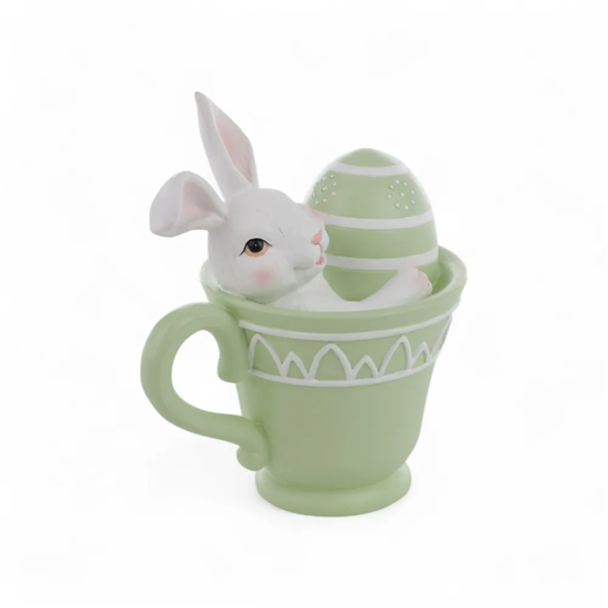 Imagem CANECA VERDE DECORATIVA DE RESINA COM COELHO BRANCO 15X14X10CM - CROMUS