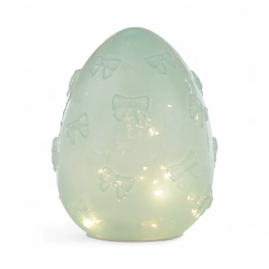 Imagem LUMINÁRIA OVO VERDE DE VIDRO COM BORBOLETAS EM RELEVO 25 LEDS 25X17X17CM - CROMUS