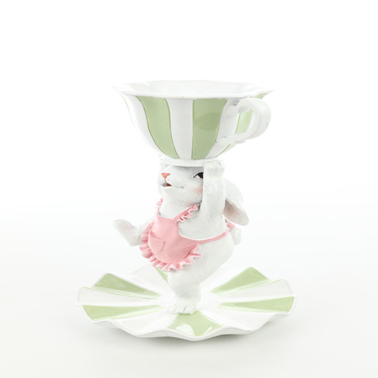Imagem COELHA DA PÁSCOA BRANCA DE RESINA COM XÍCARA VERDE LISTRADA 24X15X15CM - CROMUS