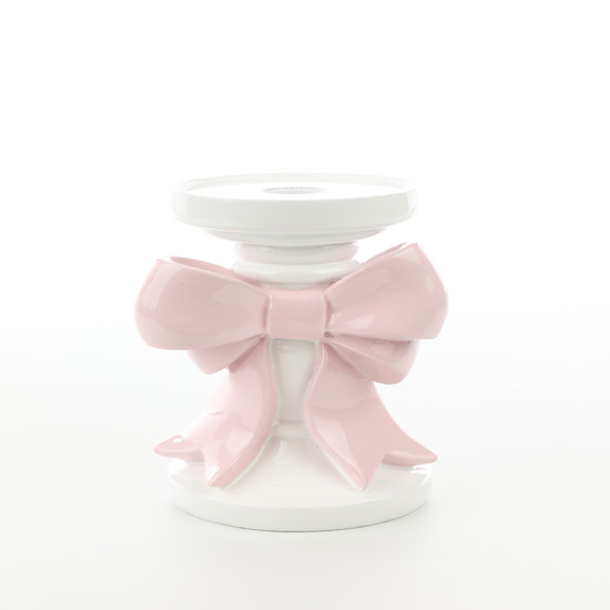 Imagem PORTA-VELAS BRANCO DE RESINA COM LAÇO ROSA 18X10X10CM - CROMUS