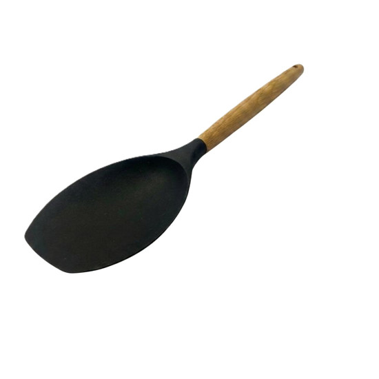 Imagem COLHER DE SILICONE PRETO COM CABO DE MADEIRA - 31,5X6,7X1,7  