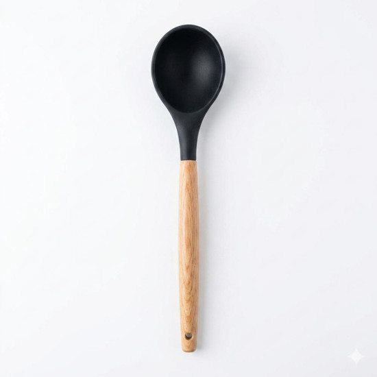 Imagem COLHER MULTIUSO SILICONE PRETO C/ CABO MADEIRA 31X6,5X2,5