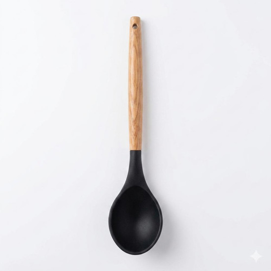 Imagem COLHER MULTIUSO SILICONE PRETO C/ CABO MADEIRA 31X6,5X2,5