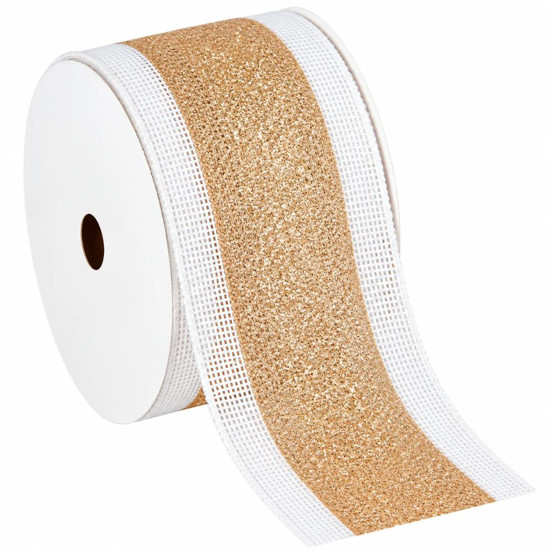 Imagem FITA ARAMADA CETIM/GLITTER 6,3CMX9,14M BRANCO DOURADO