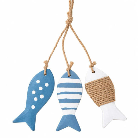 Imagem ENFEITE PENDENTE PEIXE MDF COM 3 PEÇAS AZUL BRANCO